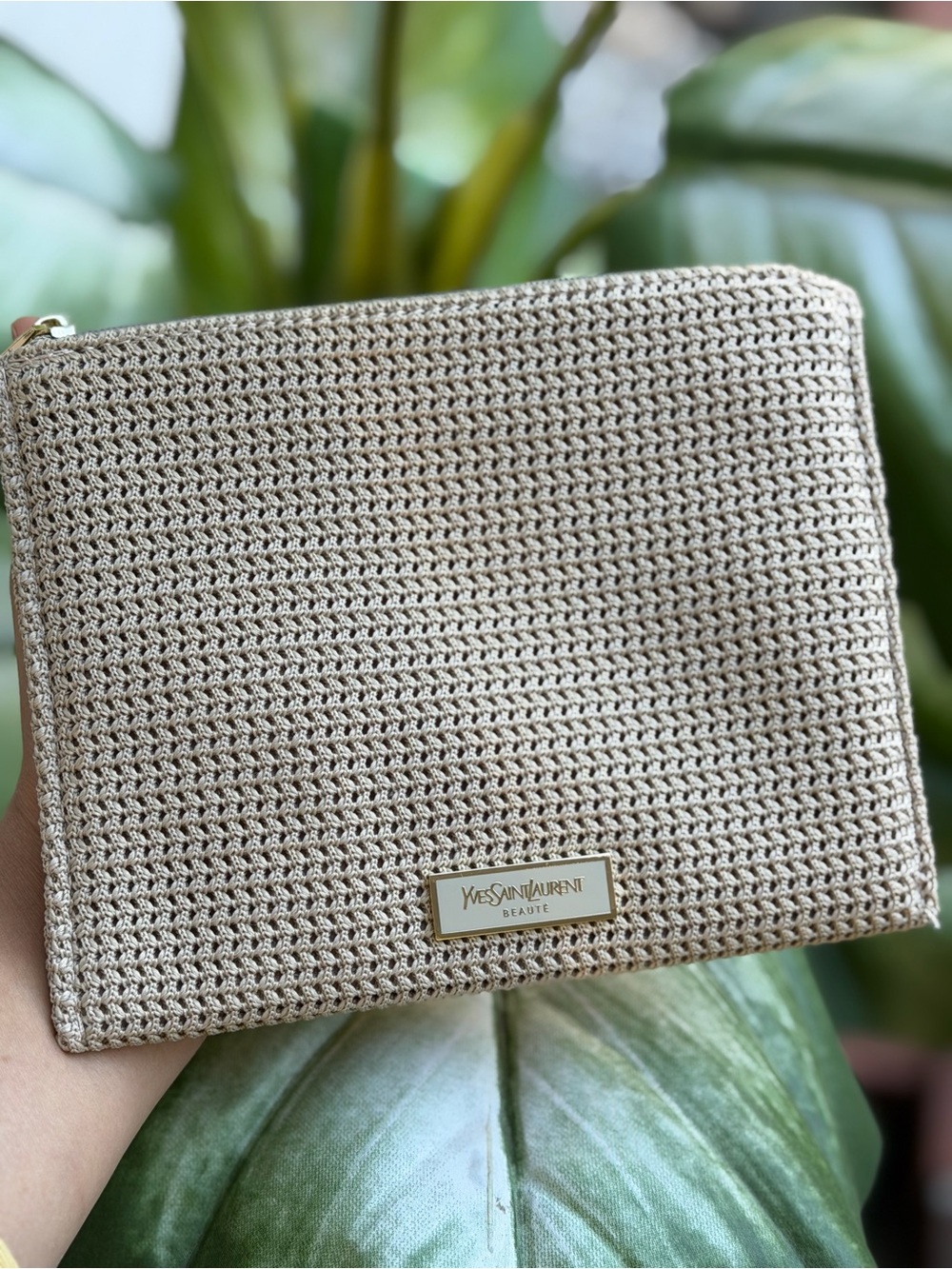 Yves Saint Laurent Beige crochet Cosmetic Pouch with Gold Plaque